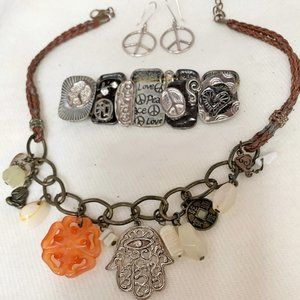 1960s Jewelry Set, Charm Necklace,  Peace Earrings, Bracelet, Peace, Love Hippie